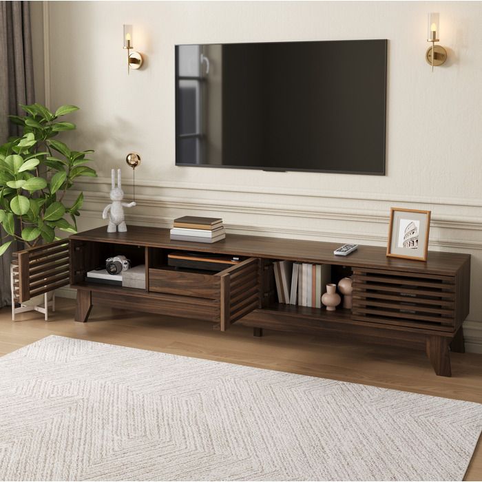 WOVREO Meuble TV bas 170 cm en MDF noyer 3 portes 1 tiroir et compartiments ouverts