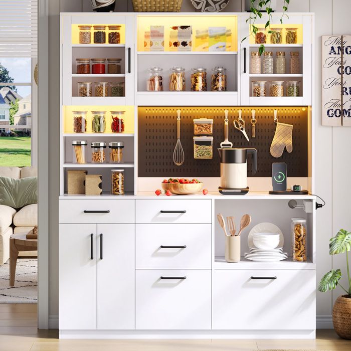Buffet cuisine 145x40x185 cm blanc LED RGB prises EU 5 tiroirs étagères réglables panneau perforé meuble rangement