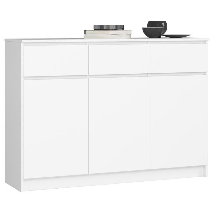Commode AKORD K140 Blanche 138 cm 3 portes 3 tiroirs façade Blanche 6 étagères 138x40x99 cm