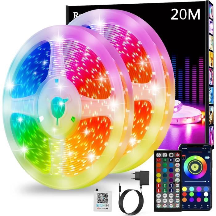 Ruban LED 15M, 5050 RGB Bluetooth Bande LED Contrôlé Par APP Du Smartphone, Ruban Auto-adhésif