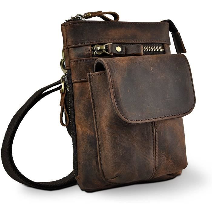 Sac Cuir Véritable Homme à La Cuisse - Bandoulière Voyage Pêche Randonnée (Marron)