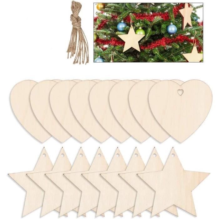 40 Étoiles En Bois Avec Ficelle - Déco Noël DIY - Ornements à Peindre 8cm - Pour Arbre, Mariage, Fête
