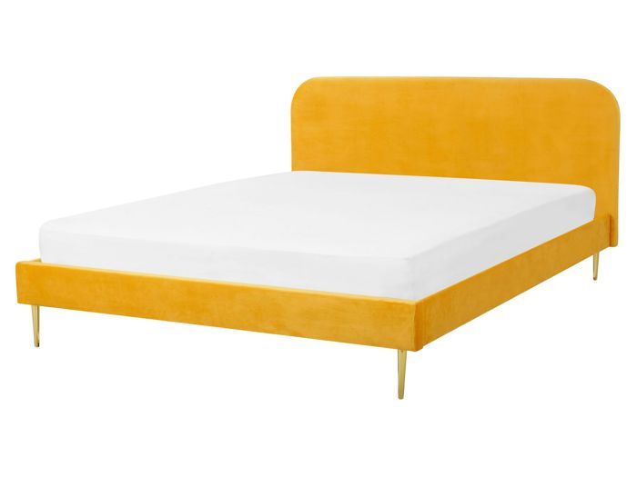 Lit double en velours jaune - BELIANI - FLAYAT - Bois massif - A lattes - Vintage