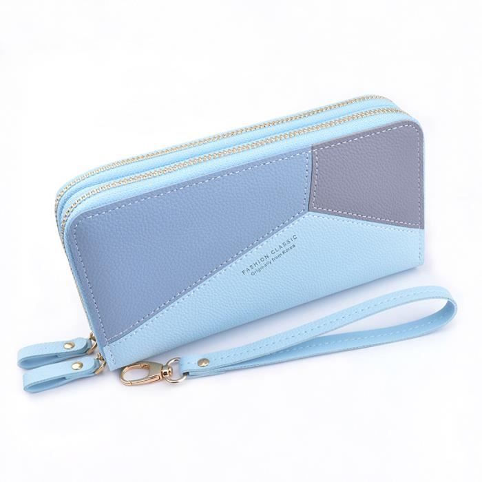 Portefeuille Double Fermeture à Glissière Femme - Cuir PU Bleu, Porte-monnaie Et Cartes
