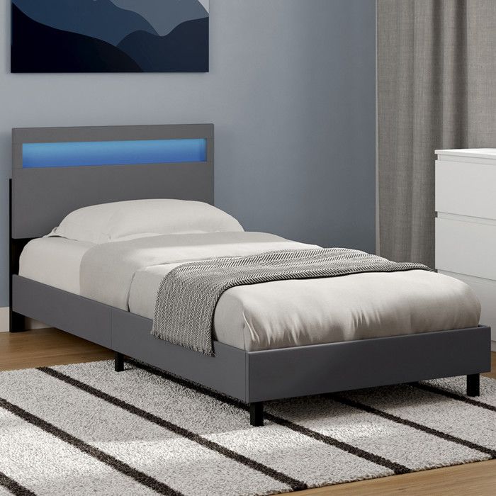 IDMARKET Lit simple NEO avec tête de lit LED intégrées et sommier 90 x 190 cm PVC gris