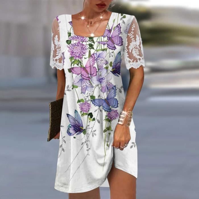 Robe Cocktail Femme à Volants Rockabilly - Imprimé Floral, Genou, Avec Poches, élégante