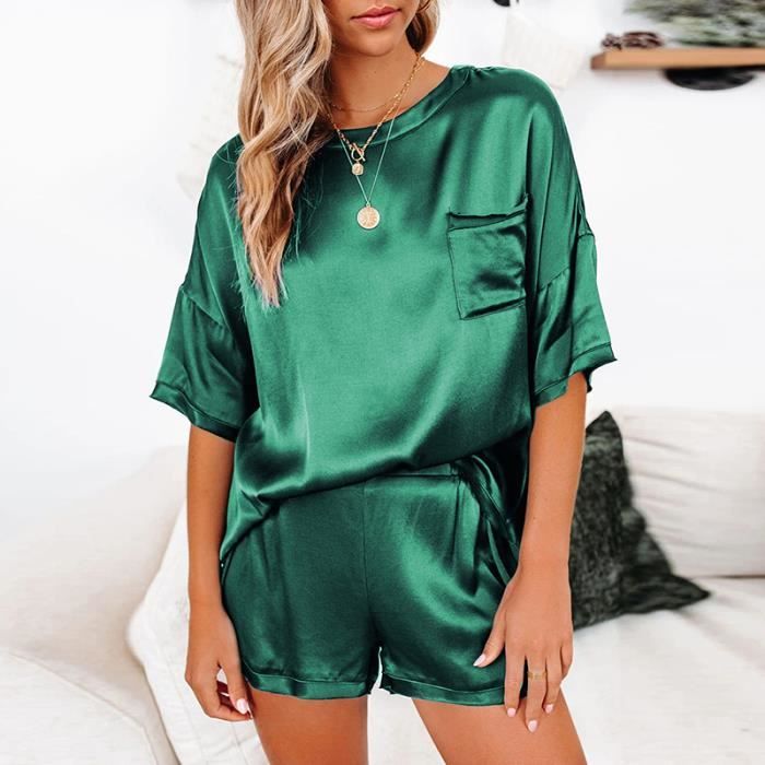 Pyjama en satin de soie,Satin de Soie Femmes Pyjama Ensemble Col Rond ...