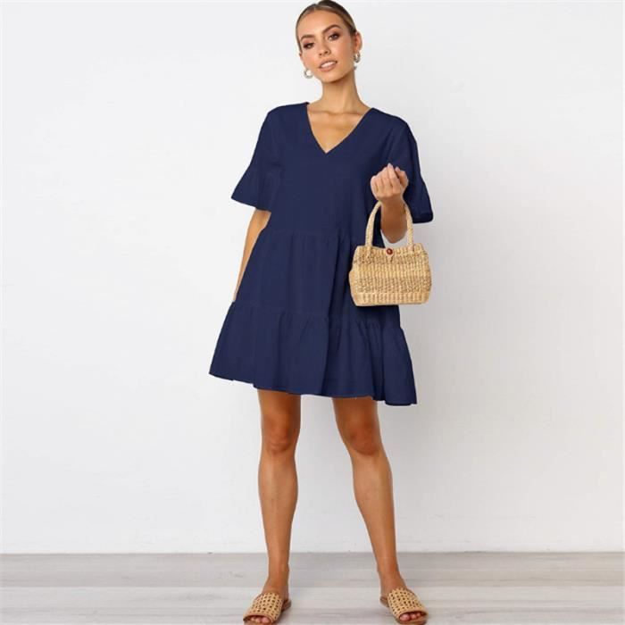 Robe Femme - CK�?� - ??t?� Col en V Manche courte - Bleu Bleu - Cdiscount Pr??t-?�-Porter