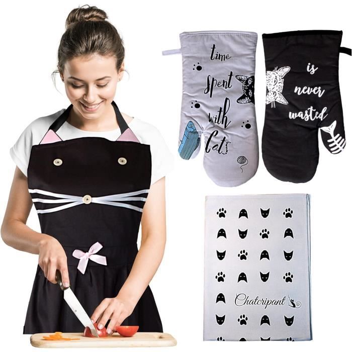 Set Gants + Manique Halloween Chat Noir Ailé – Résistants Chaleur – Cuisine & Barbecue Fun