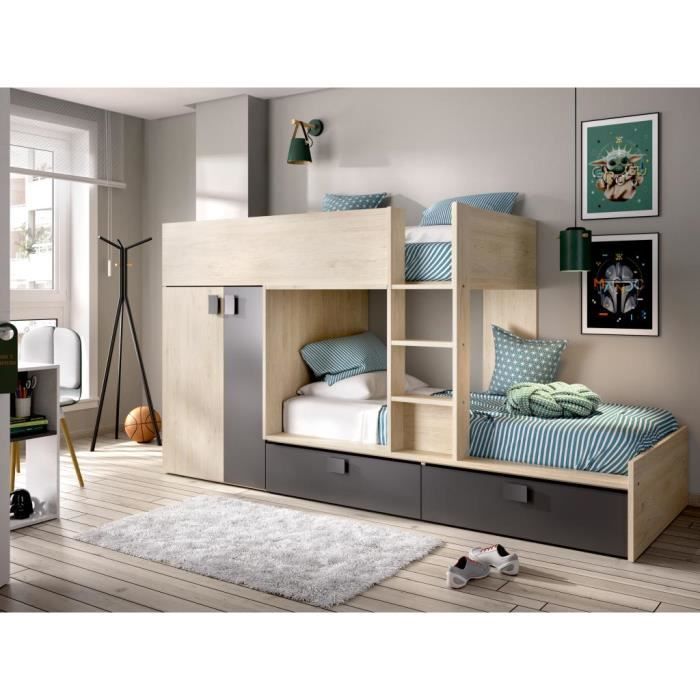 Lits Superposés 2 x 90 x 190 cm Armoire intégrée Anthracite et