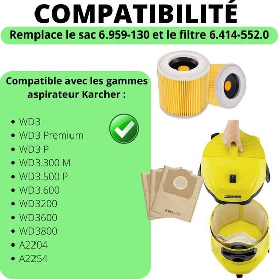 Sac aspirateur pour Karcher WD3 WD3 Battery WD3 Premium A2204 Sacs