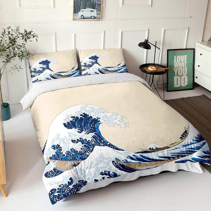 Housse De Couette Microfibre Style Japonais Océan Vague - 90x190 Cm + 2 Taies 65x65 Cm - Douce, Lavable, Fermeture Éclair