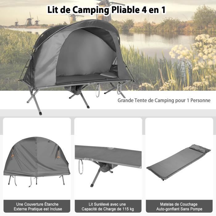 COSTWAY Tente de Camping 1 Personne Surélevée Matelas Auto-gonflant Double  Toit Étanche en Tissu Anti-UV,Fenêtre et Porte Gris - Cdiscount Sport