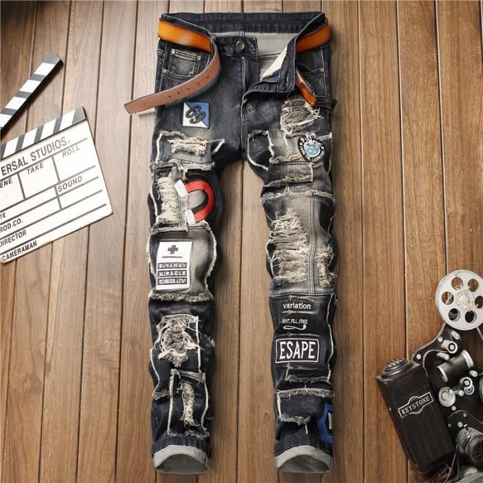Pantalons Hommes Jeans Pas Cher Biker Hole Patch Jeans Vintage En