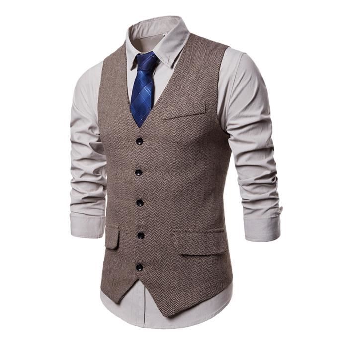 Homme Gilet de Costume Slim Fit Formelle Tweed Gilets Couleur Unie