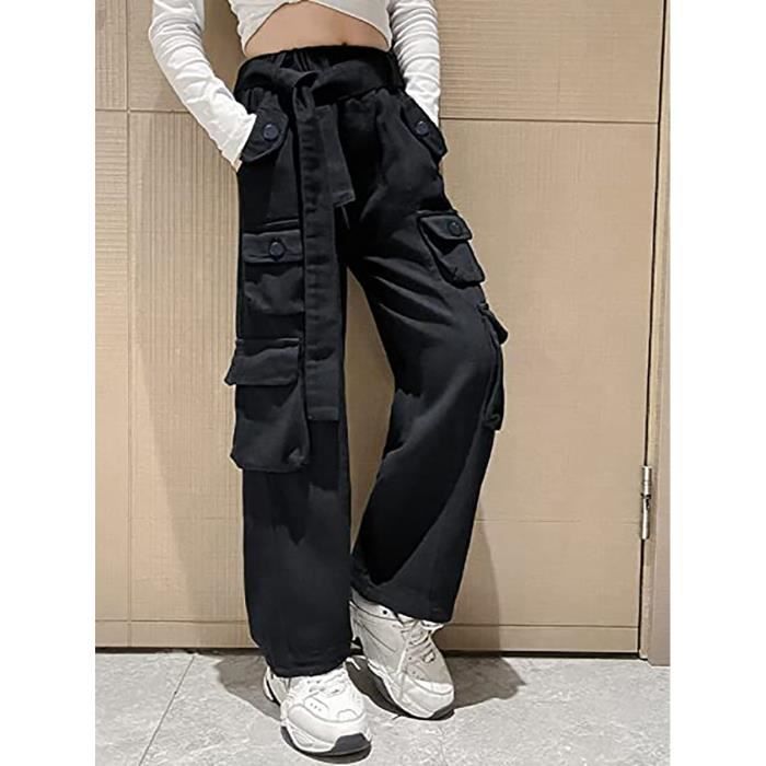 Pantalon Cargo Enfant pour Filles MARSEE Taille haute Jambes larges Noir