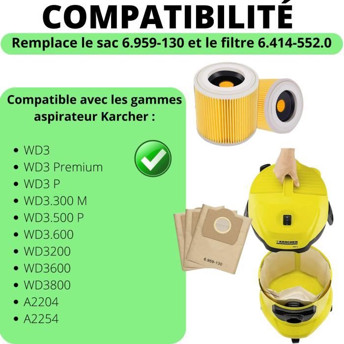 Sac aspirateur et Filtre pour Karcher WD3 Sacs remplacement 6.959-130 [Lot  10] Filtres remplacement 6.414-552.0 [Lot 2] Phonillico® - Cdiscount  Electroménager
