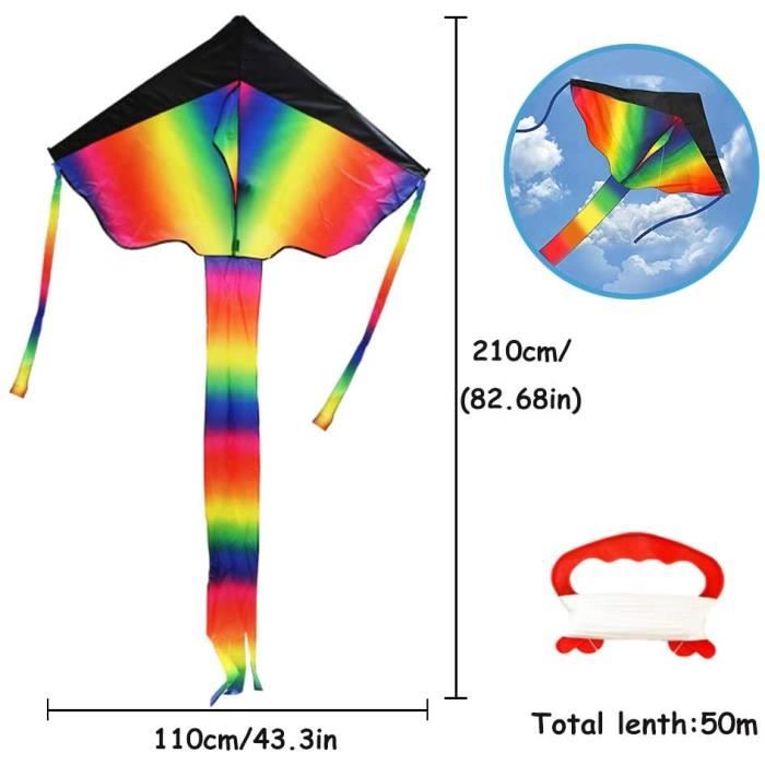Cerf-Volant Arc-en-Ciel LURNODY 90x80cm - Enfant/Adulte - Corde 50m - Diamant Avec Queue
