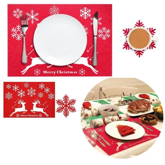Lot De 8 Sets De Table + 8 Sous-verres En Feutre Rouge Noël - Diamètre 30 Cm - Décoration De Table Festives