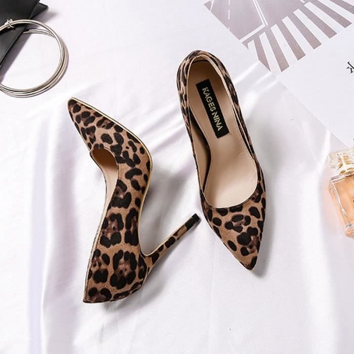 Escarpins femme imprimé léopard à talon aiguille 8cm Marron