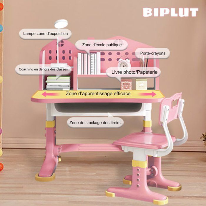 2 Chaises Bureau Enfant Réglables - Avec Tableau écriture, étagère, Tiroir - Ergonomique, Charge 300 Kg - Rose - 4