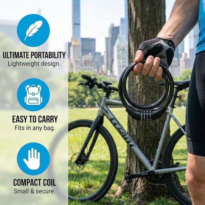 Serrure à Code 4 Chiffres Pour Vélo – Câble Antivol En Acier Gainé, Léger Et Compact, 10 000 Combinaisons, Pour VTT, Trottinette, Skateboard, Poussette Et Portail