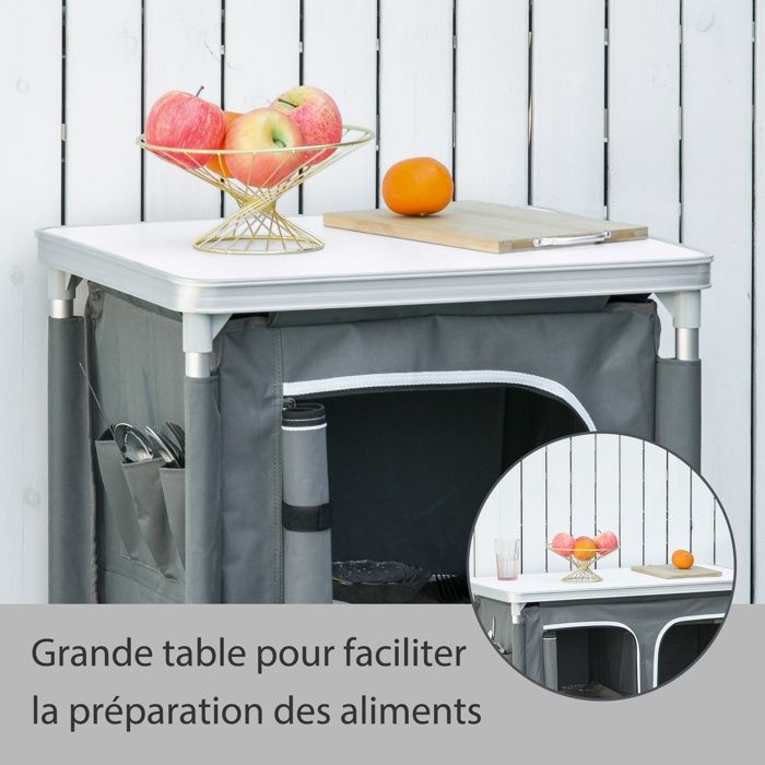 Outsunny Cuisine De Camping Pliable – Armoire 3 étagères, 5 Tablettes, 4 Crochets, UV50+, Sac De Transport (172x48x119 Cm)