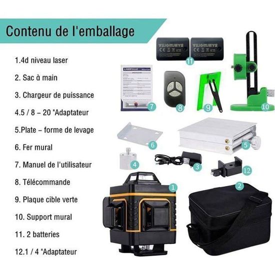 Niveau Laser 4D 16/12 Lignes – Auto-nivelant 360°, Vert, Neuf