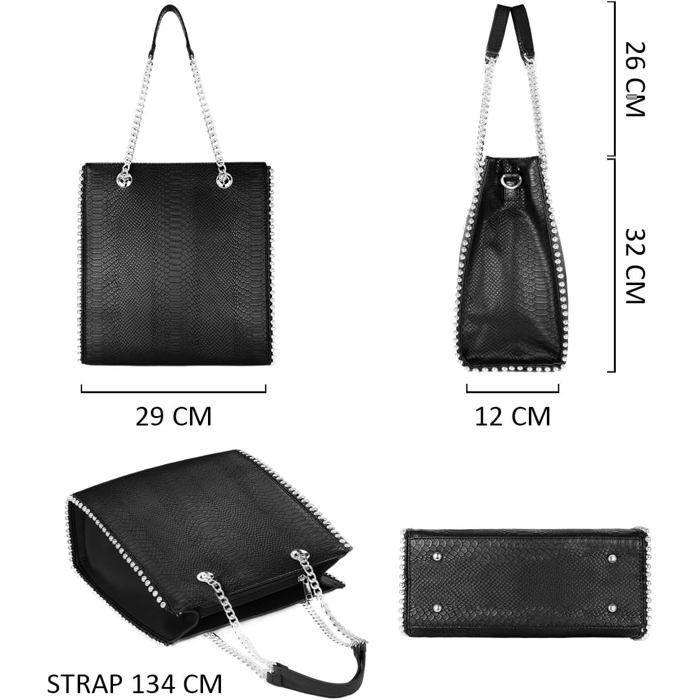 CRAZYCHIC Sac à Main Porté Épaule Chaînes Clous Billes Argenté - Shopper Cuir PU Rectangle Noir - Mode Tendance Chic