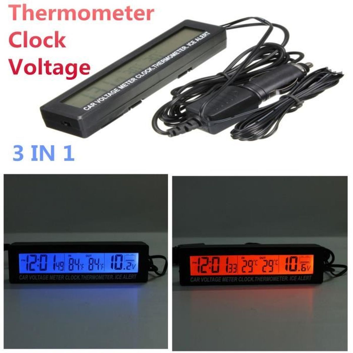 Voiture Auto Digital Horloge Thermomètre Température Voltmètre de Batterie