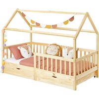 Lit cabane NUNA lit enfant simple montessori en bois 90 x 190 cm, avec rangement 2 tiroirs, en pin massif finition naturelle