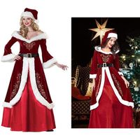 Robe Femme Déguisement Mère Noël Costume Santa Robe Noël Velours Manche Longue Robe Soirée Fête et Cape à Capuche Gants Ceinture -