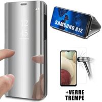 Lot Coque pour Samsung A12 + 1 Verre Trempé Coque Effet Miroir Anti Choc Flip - Argenté