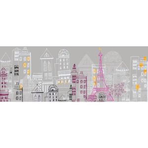 TÊTE DE LIT Sticker Mural Décoratif Paris, 160 Cm X 60 Cm, Blanc, Rose Et Bordeaux, Pour Tête De Lit, Graphique Et Romantique.[u692]