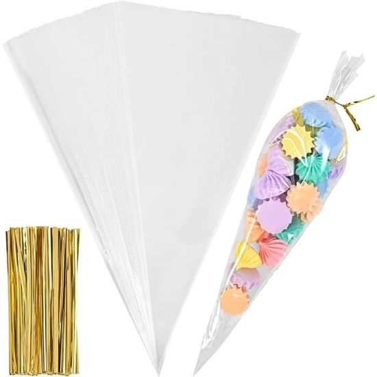 Feeona 100pcs Sachets Transparents Bonbons cône,Sac Bonbon Cellophane
