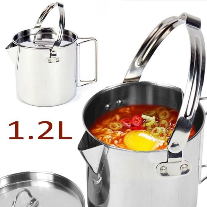 Bouilloire en acier inoxydable portable avec poignées théière de camping batterie de cuisine de pique-nique en plein air 1.2L