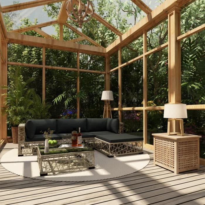 YWT ® Salon de jardin 5 pcs avec coussins Résine tressée Gris résistante aux intempéries