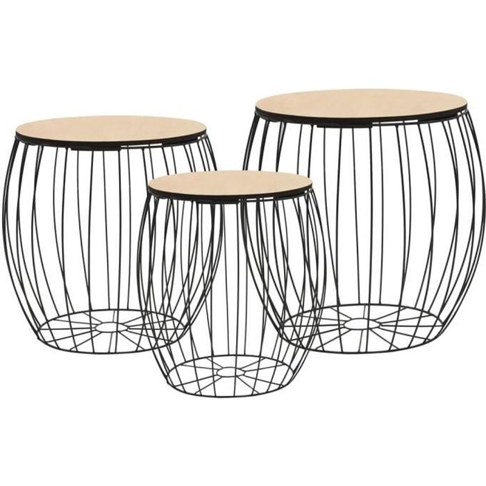 ETO Ensemble de table basse Contreplaqué de peuplier Fer 3 pcs Noir