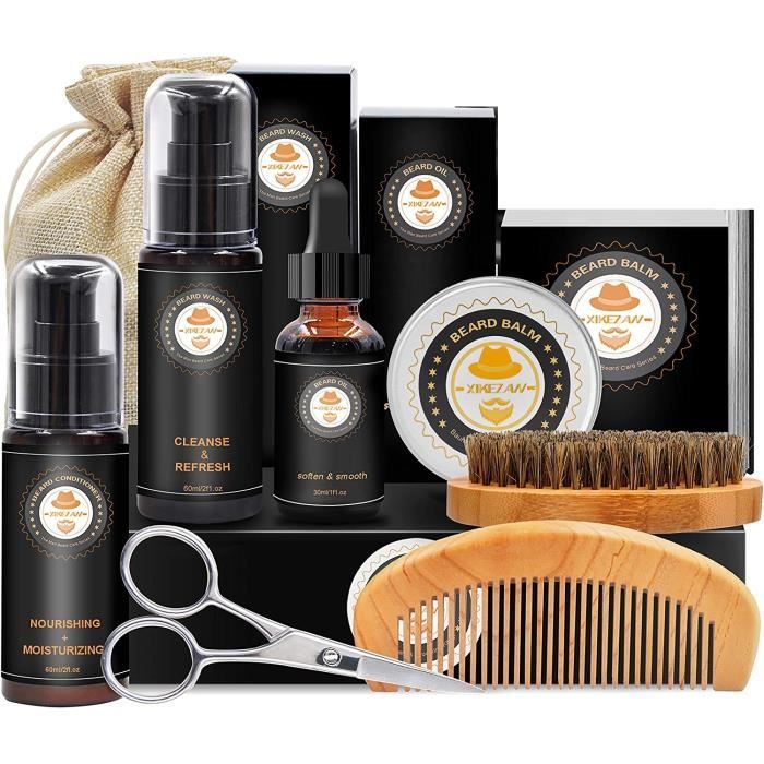 XIKEZAN Kit de Barbe Homme Complet Coffret Barbe avec Conditionneur de Barbe Shampoing Barbe,Huile Barbe,Barbe Peigne,Brosse a Barbe