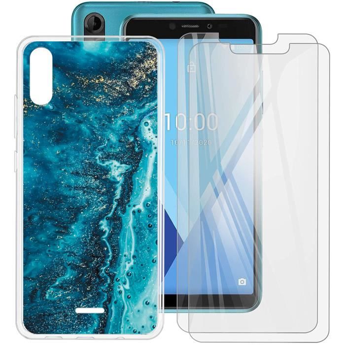 2 Pack verre trempé + Pour WIKO Y51 Slim Soft Transparent Silicone TPU Coque téléphone eau de mer