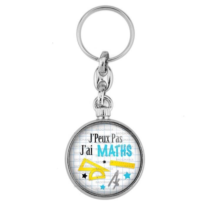 Porte Clés Métal 2 Faces Logo 3.3cm J'Peux Pas j'ai MATHS - Regle Rapporteur Compas