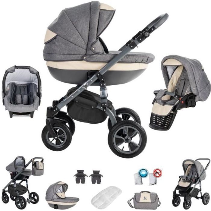 Friedrich Hugo Greyline - 3 en 1 poussette combiné pack de voyage - roue en airr - Couleur: Cream
