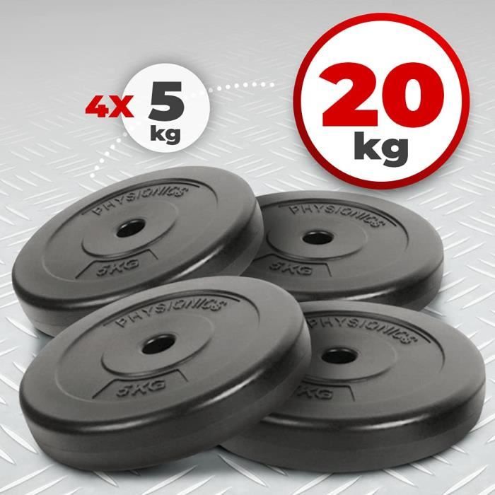 Physionics® Set de Disques de Poids - 4 x 5kg, Ø 27mm, avec Revêtement en Plastique - Plaques de Poids pour Barre d'Haltère, Fitness