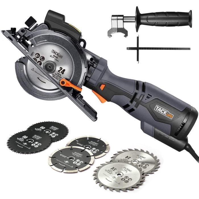 TACKLIFE Scie Circulaire Compacte, 6 Lames (120mm et 115mm), Guide Laser, 710W, Profondeur de Coupe 42,9mm (90°), 34,9mm (45°), Poig
