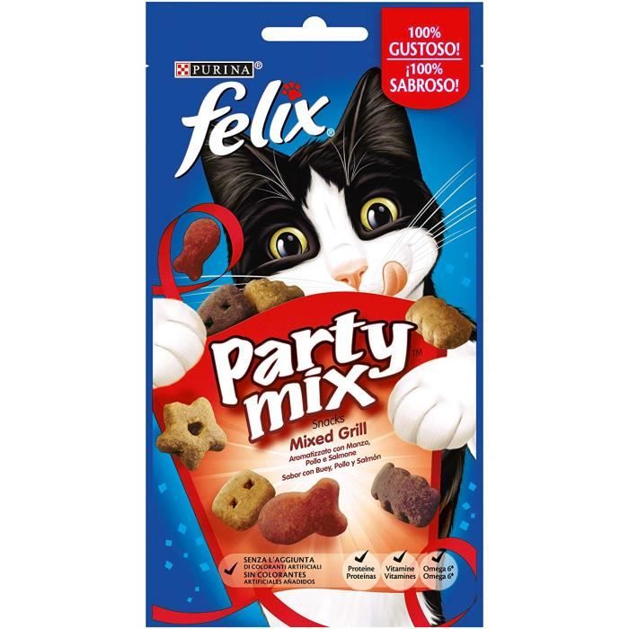 Felix 7613033737053 - COMMUTATEUR KVM - Purina Party Mix Snack Chat Mixed Grill aromatisé avec b?uf, Poulet et Saumon, 8 boîtes de