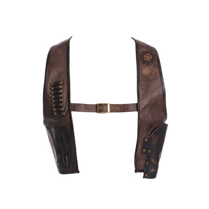 Veste harnais imitation cuir marron avec sangle, cartouchière et holster, steampunk RQBL