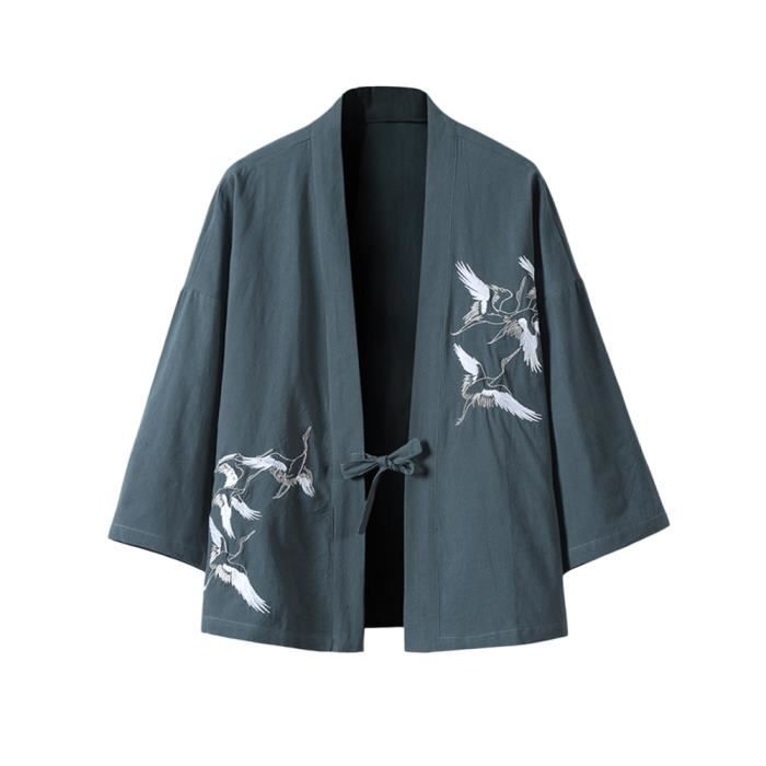Hommes Cardigan Cloak Cardigan Yukata Impression Cardigan 3-4 Manche,Cardigan en Lin Style Chinois Broderie Rétro D'été BleuA