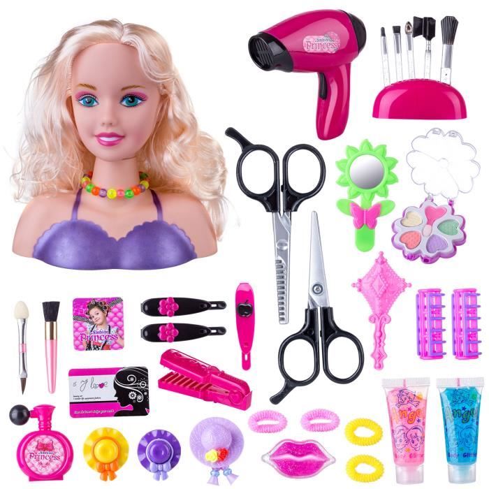 PIMPIMSKY Tête à Coiffer Deluxe perruque Fille Modèle Jouets 33 pcs accessoires d'habillage Les yeux de bébé clignoteront