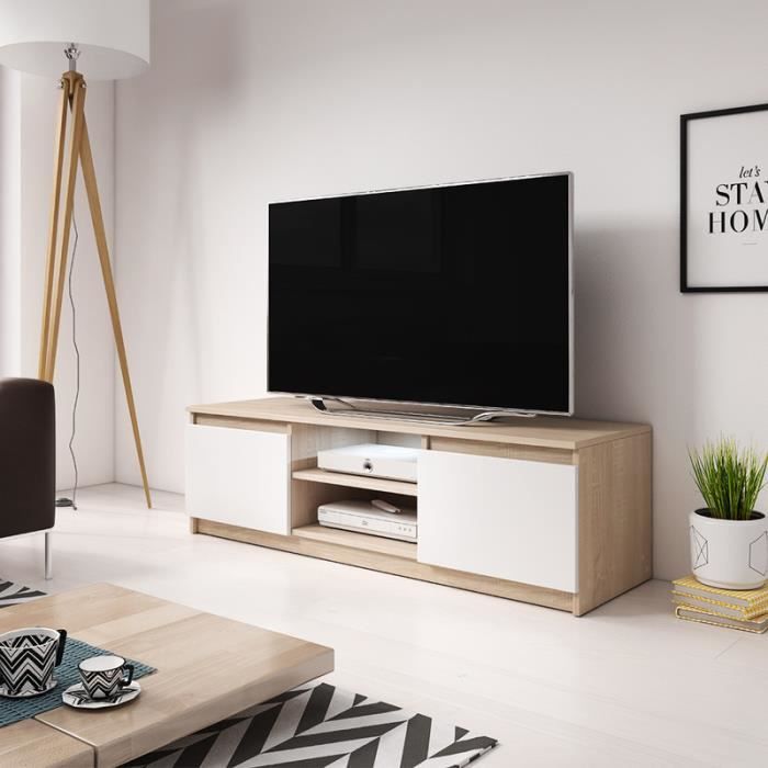 Meuble TV / Meuble salon - PERMYS - 120 cm - chêne sonoma clair / blanc mat - avec - style moderne