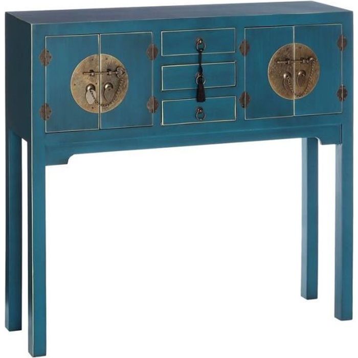 Console 4 portes, 3 tiroirs Bleue Meuble Chinois - PEKIN - L 95 x l 26 x H 90 cm